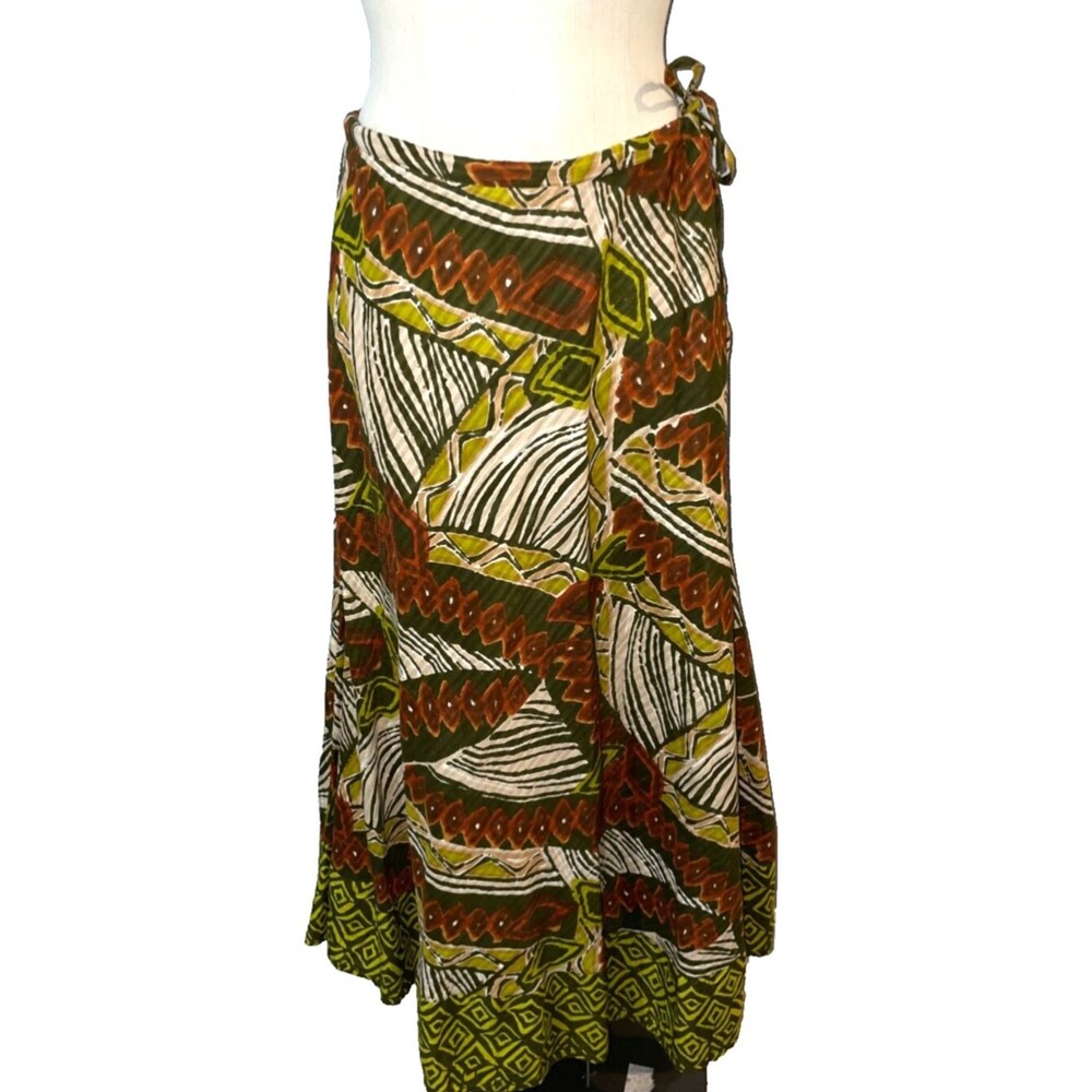 Bohemian A-Line Wrap Skirt in Olive Green and Rust Print